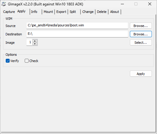 GImageX open at the Apply tab, with the source pointing to the WinPE boot.wim and the destination as the E: drive