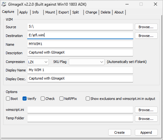 GImageX open at the Capture tab, with the source pointing to the S: drive and the destination as efi.wim in the E: drive