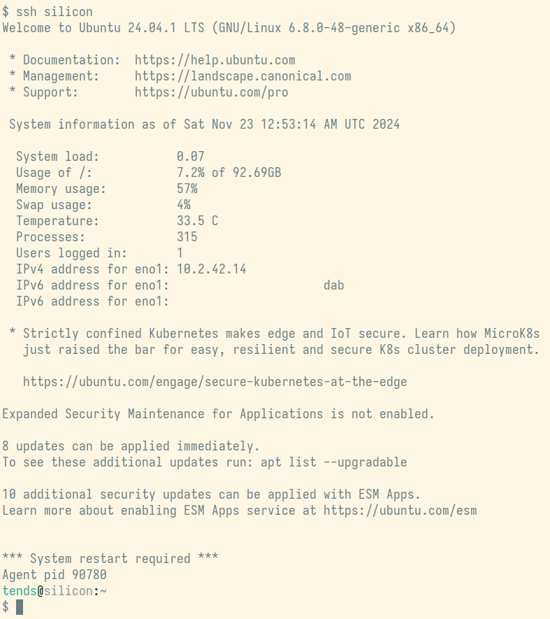 I log into a machine called silicon. Before the shell prompt, the machine shows a bunch of useful info, like OS version, system usage, and current IP addresses, but also links to Ubuntu Pro paid support, an ad for 'secure Kubernetes at the edge', and a different ad for Expanded Security Maintenance for Applications (ESM Apps).